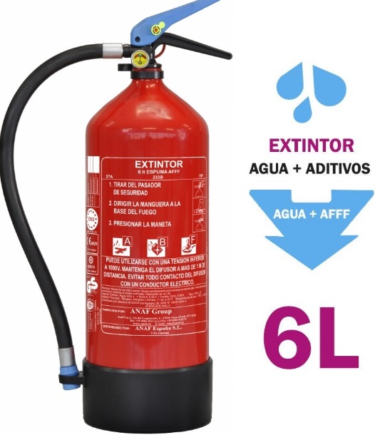 EXTINTOR 6 LTS. AGUA + AFFF. No deja restos y es 100% biodegradable.